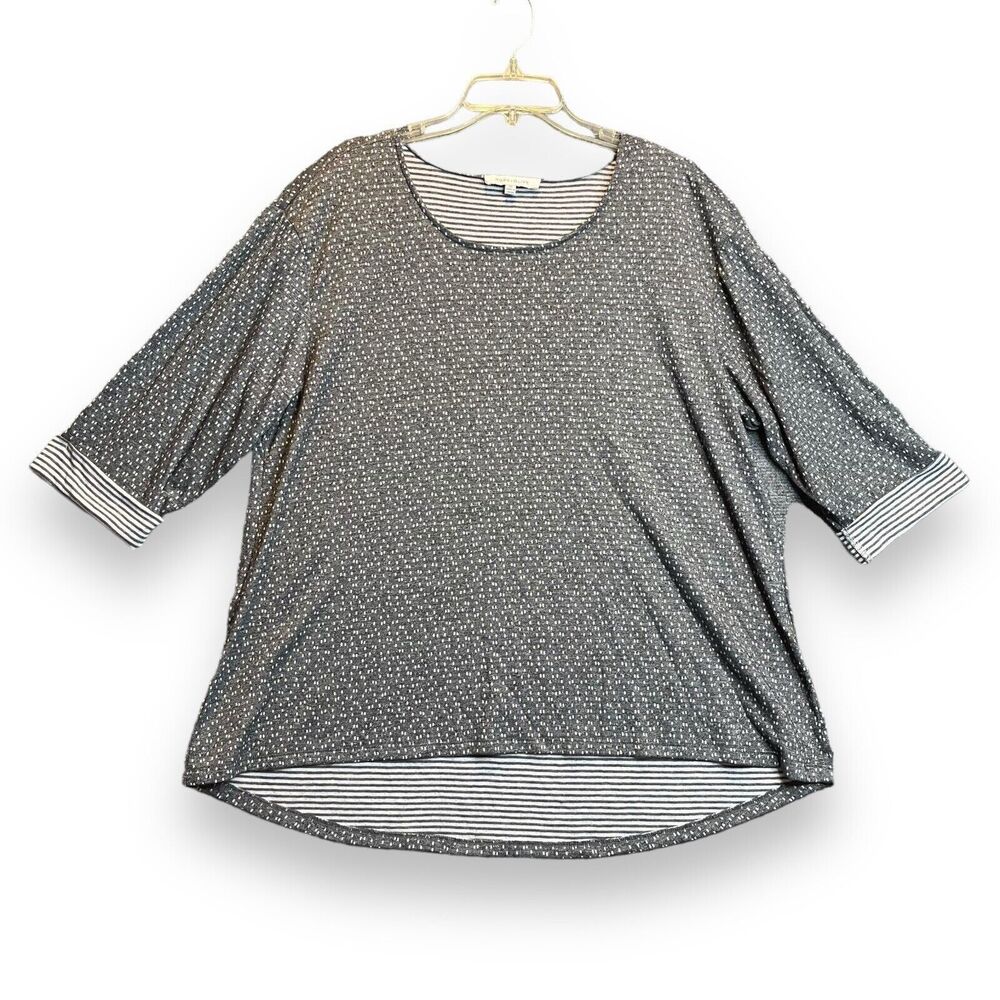 Rose & Olive Top Size 2X Black White 3/4 Sleeve Tunic Chambray Dots Stripes